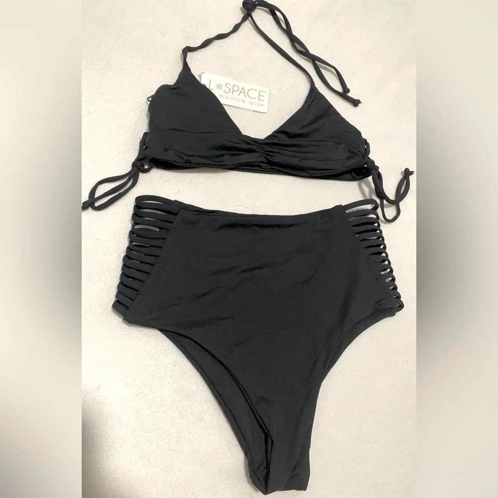 NWT L*Space Black Gwen Top and Harrington High Waist Bikini Bottom Set Small